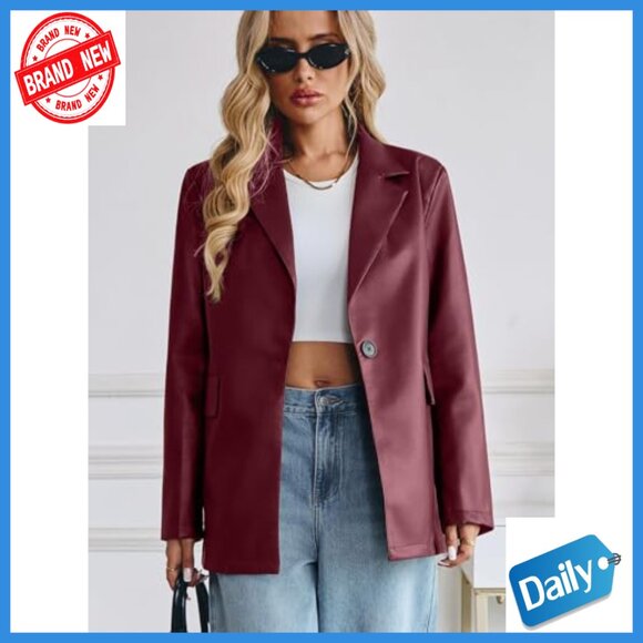 Oversized Faux Leather Blazer Bomber Jacket Long Sleeve Button Front Pockets - Picture 2 of 7